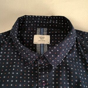Level Ten Mens‎ Geometric Print Navy Blue Long Sleeve Button Up Shirt Size Large
